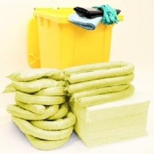 Chemical spill kit 20 gallon absorbent capacity with yellow plastic bin