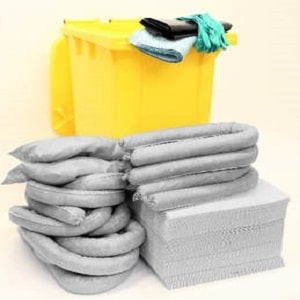 universal spill kit 20 gallon absorbent capacity with yellow plastic bin