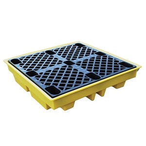 yellow plastic spill containment pallet with black grid