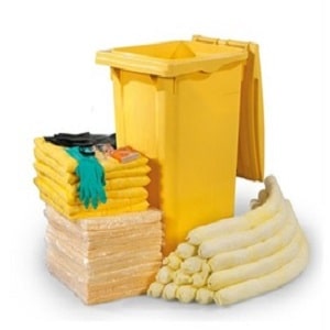 Chemical spill kit 65 gallon absorbent capacity with yellow plastic bin