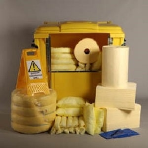 chemical spill kit 1100 liter absorbency in a 4 wheel yellow color plastic bin