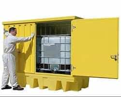 yellow metal hard cover spill containment pallet for double IBC tanks