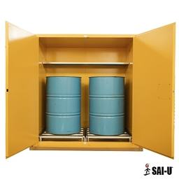 110 gallon capacity yellow flammable drum storage cabinet with opened door