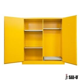 115 gallon capacity yellow flammable storage cabinet with opened door
