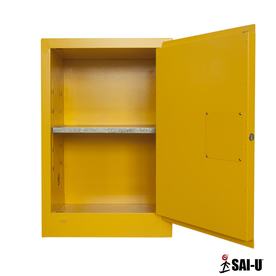 12 gallon capacity yellow flammable storage cabinet with opened door