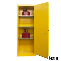 22 gallon capacity yellow flammable storage cabinet with opened door and safety cans