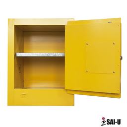 4 gallon capacity yellow flammable storage cabinet with opened door