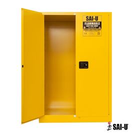  45 gallon capacity yellow flammable storage cabinet with one door opened