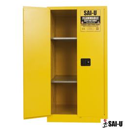 60 gallon capacity yellow flammable storage cabinet with one door opened