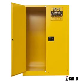 90 gallon capacity yellow flammable storage cabinet with opened door
