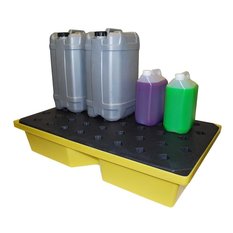 60 liter capacity polyethylene spill tray with chemical cans 