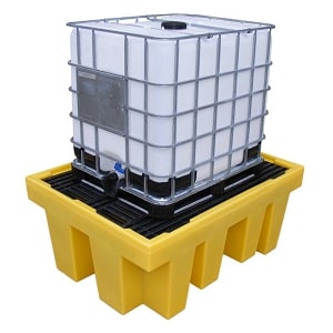 Yellow color secondary spill containment pallet with 1000 liter IBC tank