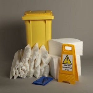 Oil Spill Kit 360 liter absorbency in a yellow wheeled bin